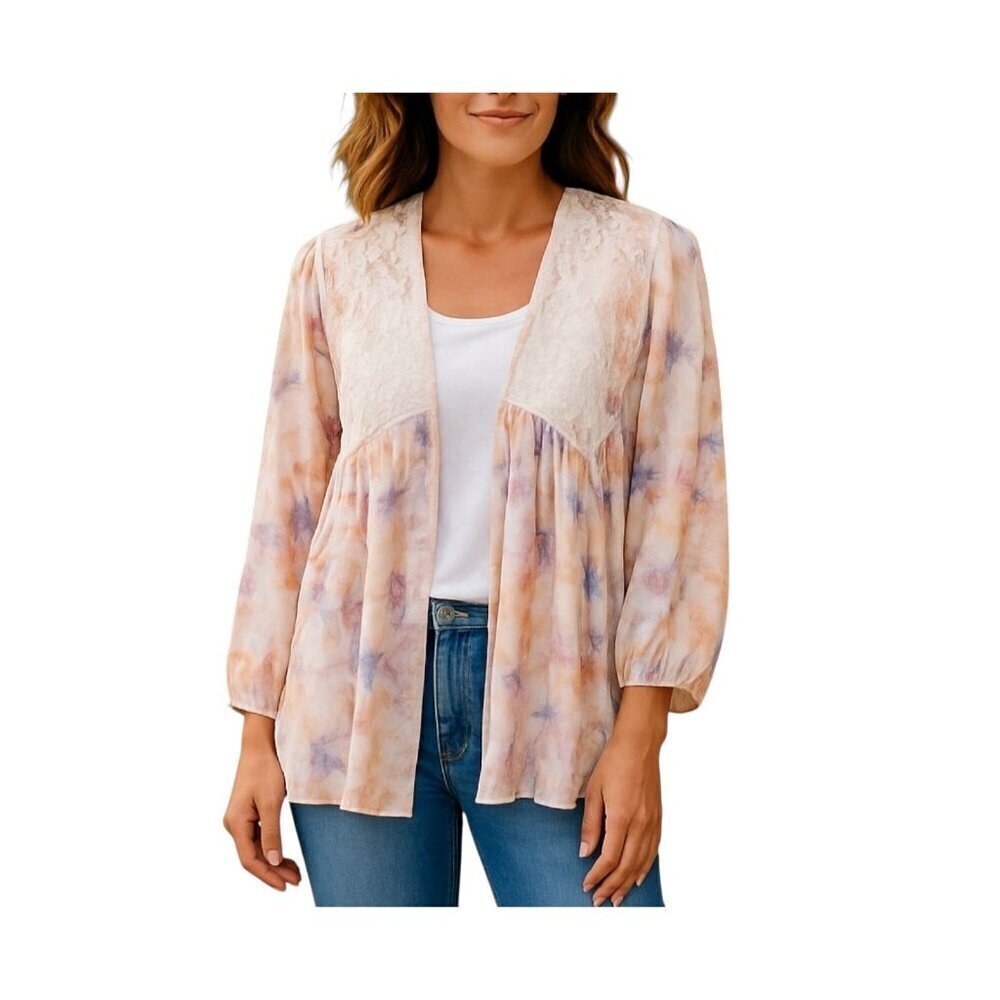 Colleen Lopez Floral Lace Cardigan Duster Size XS Purple Ivory Peach NWOT